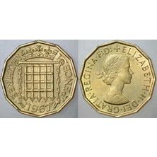 Banknoting Birleşik Krallık 3 Pence 1967 Kraliçe Iı. Elizabeth 21 mm Ingiltere. Çilaltı.
