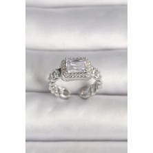 İsmiyle Al Pirinç Gümüş Renk Ayarlanabilir Zincir Kare Zirkon Taşlı Kadın Yüzük