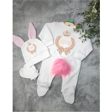 Moda Lime Ekru Tavşan Kulaklı Kız Bebek 3 Lü Tulum Seti Pamuk Materyal ile Rahat Kullanım