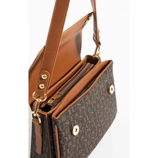 Just Polo  Kadın Kahverengi Taba Baskı Desenli Kolon Askılı 3 Bölmeli Omuz Çantası 2184MH