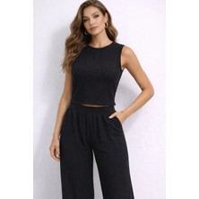 İnce Moda Giyim Siyah Crop Atlet & Bol Paça Pantolon Takım – Dokulu Kumaş