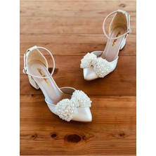 Incili Fiyonk Detaylı Düğün Ayakkabısı Sedef Ekru Renk 5cm Kalın Topuklu Gelin Ayakkabısı