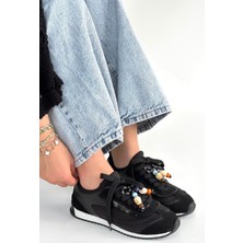 Alfaze Siyah Cilt Aksesuarlı Ortopedik Bağcıklı Spor Ayakkabı Topuk Boyu 2 cm