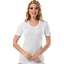 Erdem Kadın Beyaz Kenarları Işlemeli V Yaka Kısa Kollu 6'lı Paket Ribana Tişört Atlet 2101