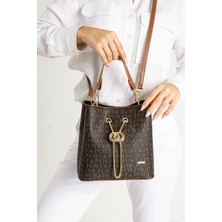 Just Polo  Kadın Kahve Camel Monogram Desenli Mıknatıslı Çıtçıt Kapama El ve Omuz Çantası MH4031MH