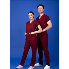 Unisex Kalıp Bordo Likralı Scrubs Takım