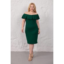 Madwilo Kadın Zümrüt Yeşil Omuz Detay Fırfır Yaka Esnek Büyük Beden Elbise