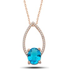 Tienda Elegante Gümüş Rose Turkuaz Oval Taşlı Kadın Kolye