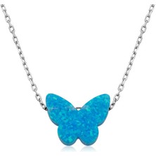 Tienda Elegante Gümüş Mavi Opal Taş Kelebek Bayan Kolye