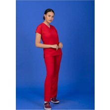 Unisex Kalıp Kırmızı Likralı Hemşire / Doktor Forması Scrubs Takım