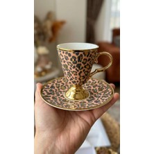 Çnr Home Collection Leopar Desenli Ayaklı Porselen Kahve Fincanı Takımı 6 Kişilik- Altın Yaldızlı Fincan Seti