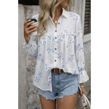 Pazarcan Kadın Nakış Işlemeli Kolu Volanlı Gömlek