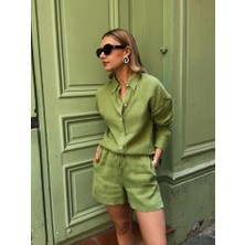 Pazarcan Kadın Uzun Kollu Salaş Gömlek ve Şort Keten Ikili Takım