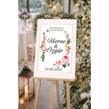 Reysa Tasarım Pembe Çiçekli Düğün, Nişan ve Söz Karşılama Panosu – 50X70 cm