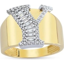 Necati Gün Y Harfi Baget Taşlı Gold Kaplama Gümüş Yüzük