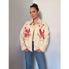 Kırmızı Nakışlı Premium Gabardin Ceket