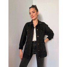 Siyah Kuşak Detaylı Denim Ceket