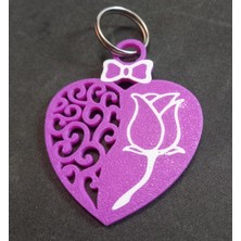 Yerli Kalp Anahtarlık Mor Gül Baskılı Mor Beyaz