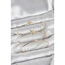 Pazarcan Gold Renk Zirkon Taşlı Deniz Yıldızı Model 3'lü Kadın Bileklik Kombini