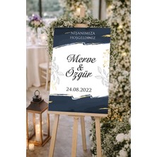 Reysa Tasarım Mavi Gold Detay Çiçekli Düğün, Nişan ve Söz Karşılama Panosu – 50X70 cm