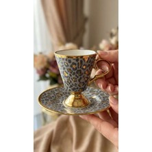 Çnr Home Collection Leopar Desenli Ayaklı Porselen Kahve Fincanı Takımı 6 Kişilik- Altın Yaldızlı Fincan Seti