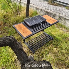 Fs Grup | Katlanır Mangal Masası – Ahşap Yan Sehpalı Profesyonel Barbekü Standı