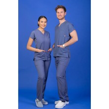 Unisex Kalıp Fırtına Mavisi Likralı Hemşire / Doktor Forması Scrubs (Takım)