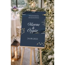 Reysa Tasarım Mavi Gold Detay Çiçekli Düğün, Nişan ve Söz Karşılama Panosu – 50X70 cm