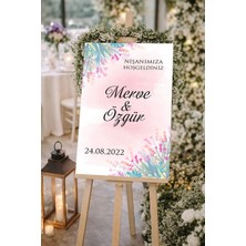 Reysa Tasarım Pembe Çiçekli Düğün, Nişan ve Söz Karşılama Panosu – 50X70 cm