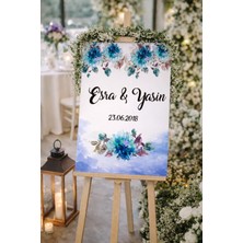 Reysa Tasarım Mavi Çiçekli Yatay Düğün, Nişan ve Söz Karşılama Panosu – 50X70 cm