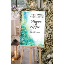 Reysa Tasarım Mavi Gold Detay Çiçekli Düğün, Nişan ve Söz Karşılama Panosu – 50X70 cm