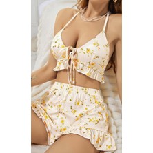Tudik Collection Kadın Çiçekli Ekru Askılı Şortlu Pijama Takım 5017