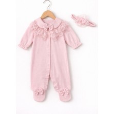 Kardeşler Bebe Fiyonk ve Dantel Detaylı Çıkarılabilir Yaka Kız Bebek Patikli Tulum + Saç Bandı