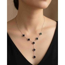 Minel Fashion Gümüş Renk Siyah Mineli Yedi Yoncalı Çelik Y Kolye