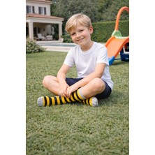 Umel Tekstil 3'lü Pamuklu Mavi Beyaz Sarı Üzerine Siyah Çizgili 7-8 ve 9-10 Yaş Çocuk Soket Çorabı