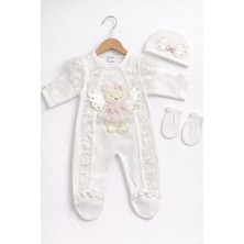 Kardeşler Bebe Dantelli Kanatlı Ayıcık Figürlü Kız Bebek Patikli Tulum Takımı