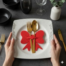 Rosfloa 4’lü Kırmızı Fiyonk Keçe Peçetelik & Çatal Kaşıklık Sunum Seti – Davet Sofrası Hediyelik