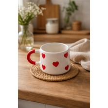 Nivra Grup El İşlemeli Özel Seramik Kupa Bardak –Kırmızı Kalp Desenli Çay& Kahve,Meşrubat Kupa Bardak 190 ml.