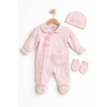 Kardeşler Bebe Dantelli Çiçek Nakışlı Kız Bebek Tulum Bere Eldiven Seti