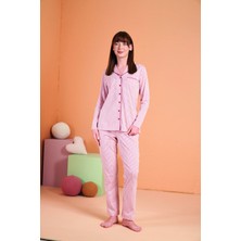 Tudik Collection Pjs 28001 Kadın Uzun Kol Çizgili Önü Düğmeli Pijama Takım