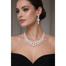 Klc Takı Kadın Gümüş Renk Model Su Yolu Zirkon Taşlı Kolye Küpe Seti