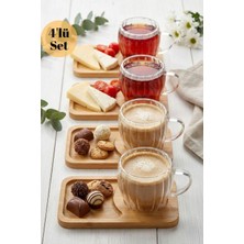 Hubby Chef 4'lü Bambu Tabaklı Cidarlı Espresso Kahve Bardağı