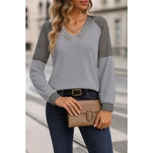 Nova Epoxy Art Kadın Uzun Kollu V Yakalı Dantelli Waffle Bluz