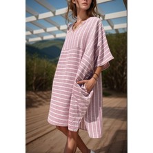 Bacc Bordo Keten V Yaka Asimetrik Çizgili Cepli Salaş Elbise BCBSK-25700-3340