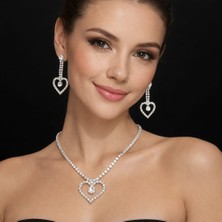 Klc Takı Kadın Gümüş Renk Model Su Yolu Zirkon Taşlı  Kalplı Kolye Küpe Seti