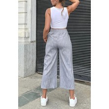 Bacc Siyah Keten Beli Lastikli Cepli Paçası Yırtmaçlı Salaş Kapri Pantolon BCBSK-25700-3404