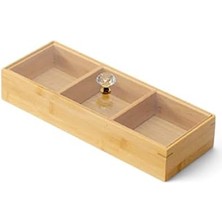 Data Store Bambu 3 Bölmeli Kristal Kapaklı Sunumluk, Kuru Meyve, Kuru Yemiş ve Drajeleriniz Için 3 Bölmeli Dikdörtgen Sunum Tepsisi ve Tabağı 30CM*10CM*6,5CM