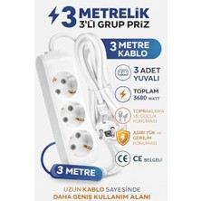 Data Store 3lü Topraklı Kablolu Çoklayıcı 3mt Priz, Beyaz, 3'lü Topraklı Uzatma Prizi, 3 Metre Kablolu, Beyaz – Çoklu Grup Priz, Güvenli Elektrik Dağıtımı"