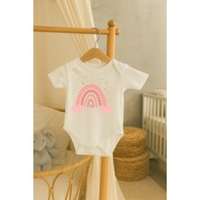 Moda Lime Bebek Body - Pembe Gökkuşağı ve Bulut Desenli Organik Pamuk Tulum