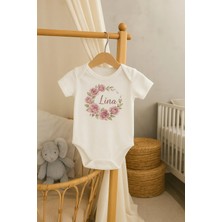 Moda Lime Kişiye Özel Bebek Body - Çiçek Çelengi Desenli Isimli Organik Pamuk Tulum